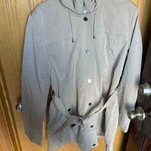 Women’s Tan belted and hooded trench coat rain Jacket
